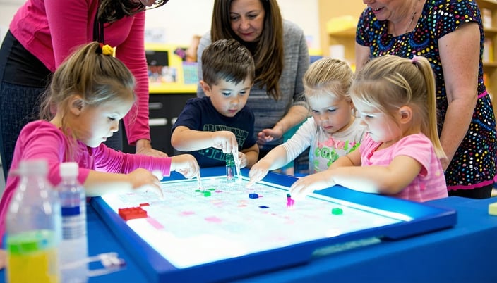Children participating in a hands-on STEM activity with supportive adults Children participating in a hands-on STEM activity with supportive adults