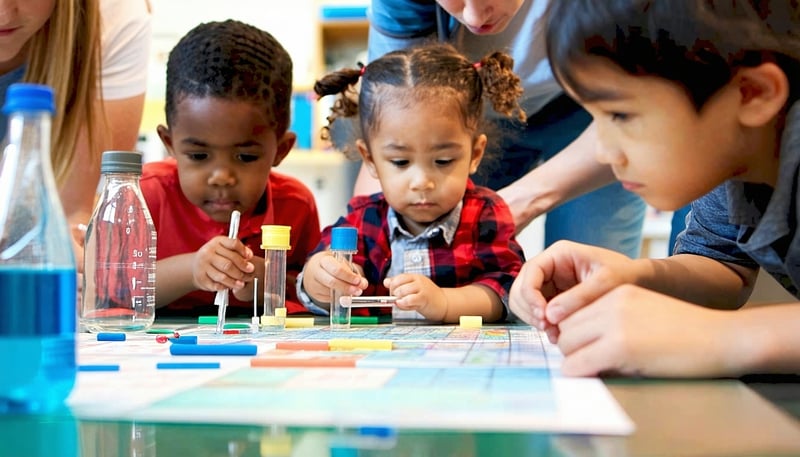 Children participating in a STEM workshop, guided by volunteers. Children participating in a STEM workshop, guided by volunteers.